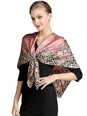 100% Pure Mulberry Silk Scarf 43" Large Square Lightweight Headscarf& Shawl–Women Hair Wraps-With Gift Packed (Leopard Print-Pink)
