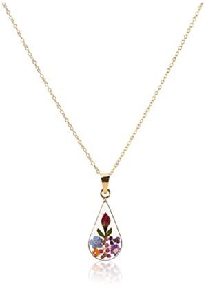 14k Gold Over Sterling Silver Multi Pressed Flower Teardrop Pendant Necklace, 16"