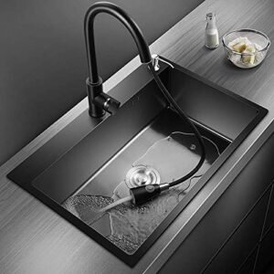 25" Drop-In or Undermount Single Bowl Kitchen Sink / Bar Sink with Pull-Down Faucet, Soap Dispenser, Telescopic Drain Basket, Made of Stainless Steel with Nano Coating (Black)