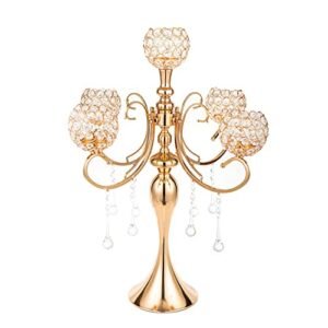 26" Tall 5-Arm Gold Crystal Candelabra Candle Holder Centerpieces for Table Decor Elegant Design Wedding Gifts