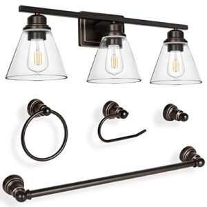 3-Light Vanity Light Fixture, 5-Piece All-in-One Bathroom Set (E26 Bulb Base), Oil Rubbed Bronze Wall Sconce Lighting W/ Glass Shads, ETL Listed (Bulb not Included)