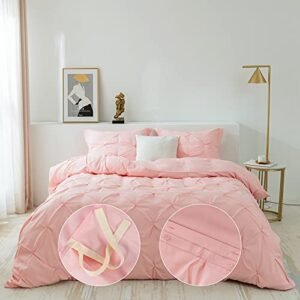 3 Pieces Bedding Duvet Cover Set, Pinch Pleated Queen Duvet Cover, Pintuck Comforter Quilt Cover with 2 Pillow Shams-Pink