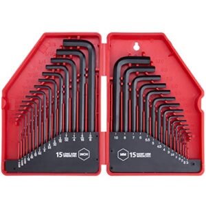 30-Piece Premium Hex Key Allen Wrench Set, SAE and Metric Assortment, L Shape, Chrome Vanadium Steel, Precise and Chamfered Tips | SAE 0.028 - 3/8 inch | Metric 0.7 - 10 mm | In Storage Case