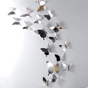 48 Pieces Butterfly Wall Decor 3D Mirror Butterfly Wall Stickers Butterfly Party Decorations for Home Nursery Classroom Kids Bedroom Bathroom Living Room Decor (Silver)
