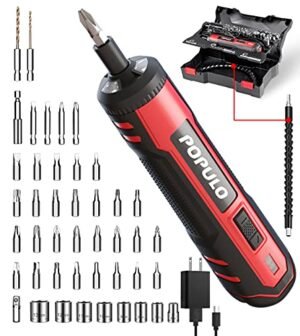 4V Cordless Electric Screwdriver Kit, USB Rechargeable Lithium ion Battery, LED Work Light, 32 pieces Screwdriver Bits, 8 Sockets, Flex Hex Shaft, Bit Holders and Storage box, Populo Power Screwdriver