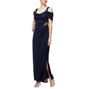Alex Evenings Women's Plus Size Long Cold Shoulder Dress with Ruched Skirt, Embellished Navy, 16W