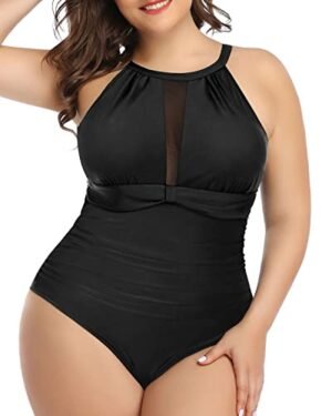 Aqua Eve Women Plus Size High Neck 1 Piece Swimsuit Tummy Control Bathing Suit Ruched Mesh Sexy Swimwear Black 18W
