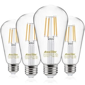 Ascher Vintage LED Edison Bulbs 60 Watt Equivalent,Eye Protection Led Bulb with 95+ CRI, Non-Dimmable, Warm White 2700K,ST58 Antique LED Filament Bulbs, E26 Medium Base, Pack of 4