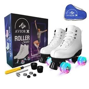 AviorX Premium Bundle Roller Skates Adult Women and Men/Kids for Indoor & Outdoor High Top Shoes Retro (Light UP) Extras-Replacement Bolts, Bearings Replacement Brakes, Carry Bag10 White