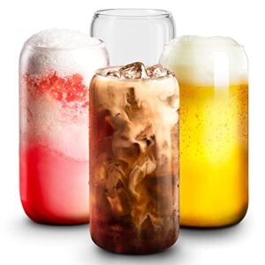 Beer Can Glass Set of 4, Combler 16 oz Can Shaped Glass Cups, Iced Coffee Cup, Iced Coffee Glasses, Drinking Glasses, Beer Glasses, Glass Tumbler for Smoothie, Whiskey, Cocktail, Soda, Boba Tea, Gift