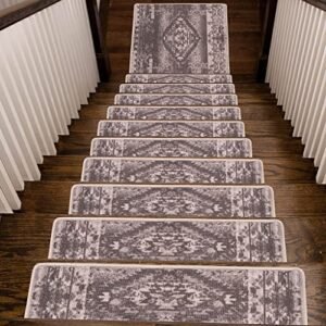 Benissimo, 13+1 Stair Treads Carpet with Landing Slip Resistant Stair Rugs, Modern Printed Design, Soft Runner for Indoor Wooden Step, Set of 13 (9"x32") + 1 (31"x31"), Stonish