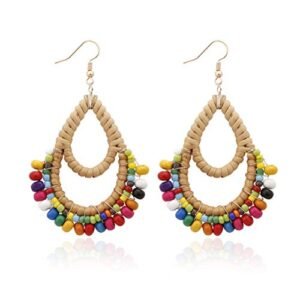 Bohemian Rattan Colorful Wooden Beads Fish Hook Teardrop Earrings Dangle Drop Jewelry for Women Girls