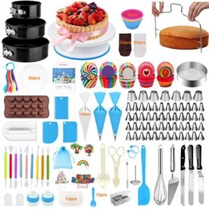 Cake Decorating Supplies, 507 PCS Cake Decorating Kit 3 Packs Springform Cake Pans, Cake Rotating Turntable, 48 Piping Icing Tips, 7 Russian Nozzles, Chocolate Mold Baking Supplies, Cake Baking Tools