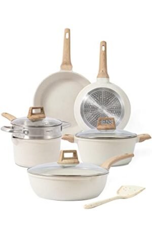CAROTE Pots and Pans Set Nonstick, White Granite Induction Kitchen Cookware Sets, 10 Pcs Non Stick Cooking Set w/ Frying Pans & Saucepans(PFOS , PFOA Free)