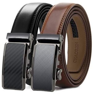 Chaoren Leather Ratchet Slide Belt 2 Pack with Click Buckle 1 1/4" in Gift Set Box - Adjustable Trim to Fit (Ratchet Belts for Men)