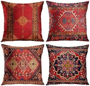 Colorful Red Tribal Pillow Covers 18x18 Set of 4 Throw Pillow Covers for Sofa Bedroom, red Geometric Persian Decorative Throw Pillow Covers Cushion Covers for Home Farmhouse Office