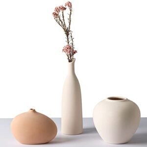 CUCUMI 3pcs Ceramic Vase Set, Flower Vases Modern Farmhouse Rustic Decor Multicolored Plain Small Vases for Plants Home Decor Dining Room Bookshelf Coffee Table Decoration