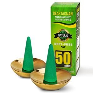 Deartagnan Mosquito Repellent Incense Cones 50 Pieces per Box, Repellent for Patio/Natural Ingredients Made with Natural Based Essential Mosquito Repellent Outdoor Includes 2 Ceramic Dishes