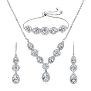 DHQH 3 Pack Cubic Zirconia Bridal Jewelry Sets for Wedding, Crystal Necklace Dangle Earring Bracelet Jewelry Sets for Women, Prom Costume Jewelry Gifts