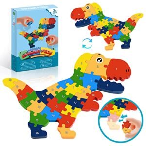 Dinosaur Toys for Kids 3-5: WethCorp 26 Pcs Wooden Puzzles for 3+ Year Old Boys Gifts Toddler Preschool STEM Educational Toy for Boy Birthday Gift for Age 2 3 4 5 6 Girls Learning ABC & Number