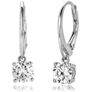 DovEggs Sterling Silver 2ct 6.5mm G-H-I Color Cut Moissanite Leverback Drop Hoop Earring for Women