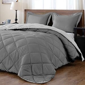 downluxe Lightweight Solid Comforter Set (Queen) with 2 Pillow Shams - 3-Piece Set - Charcol and Grey - Down Alternative Reversible Comforter