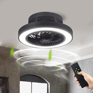 DUJAHMLAND Flush Mount Ceiling Fan with Lights ,16inch Bladeless Low Profile Ceiling Light with Remote Control,3 Colors 7 Blades 6 Gear Wind Flush Mount Bedroom Ceiling Fan(16inch, Black)