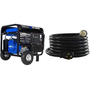 DuroMax XP10000E Gas Powered Portable Generator-10000 Watt Electric Start-Home Back Up & RV Ready, 50 State Approved, Blue/Black & Conntek 1450SS2-15 50 Amp Temp Power Generator Cord, 15 Feet, Black