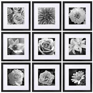 eletecpro 12x12 Picture Frames Black Set of 9, Wooden Square Frame Displays 8x8 with Mat and 12x12 without Mat, Poster Frame for Wall Hanging