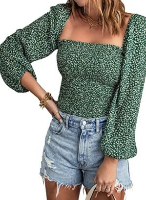 EVALESS Long Sleeve Blouse for Women Off the Shoulder Boho Puff Sleeve Tops for Women Business Casual Smocked Square Neck Vintage Floral Ladies Tops and Blouses for Women Fashion 2022 Green Large Size