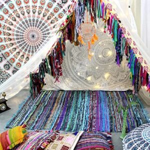 Fair Trade Handmade Rag Rug Chindi Rug Multi Colored Indian Mat Recycled Rug Boho Decorative Rug(5ftx3ft) (Turquoise)