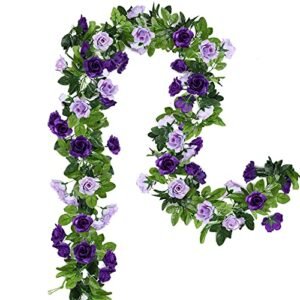 Floweroyal 2 Pack Artificial Flower Garlands 15.8FT Fake Rose Vines Silk Flowers Hanging Rose Ivy for Wedding Arch Party Home Garden Wall Decor (Purple)