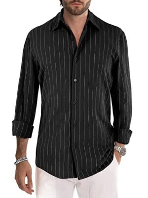 Gemijack Mens Casual Button Down Shirts Long Sleeve Striped Tops Regular-Fit Shirt