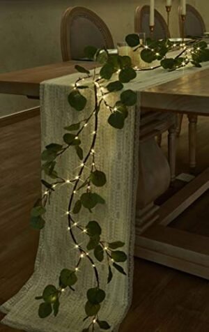 Hairui Lighted Artificial Eucalyptus Garland 6FT 96 LED Battery Operated Faux Vine Lights with Timer for Spring Wedding Backdrop Arch Wall Decor