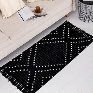 HAOCOO Boho Bathroom Runner Rug 2’ X 5.3’ , Black Geometric Washable Woven Cotton Diamond Area Rug , Chic Moroccan Tribal Tassel Kitchen Rug ,Throw Floor Mat Carpet Decorative for Living Room Bedroom