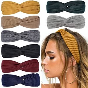 Huachi Headbands for Women Twist Knotted Boho Stretchy Hair Bands for Girls Criss Cross Turban Plain Headwrap Yoga Workout Vintage Hair Accessories, Solid Color, 8Pcs
