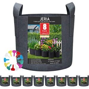 JERIA 8-Pack 7 Gallon Grow Bags, Aeration Fabric Pots with Handles, Heavy Duty Thickened Nonwoven Grow Pots with 8 Pcs Plant Labels