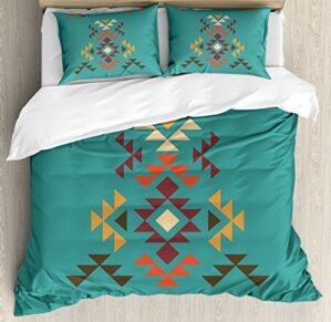 Lunarable Aztec Duvet Cover Set, Colorful Geometric Shapes on Teal Backdrop Cheerful Design Culture, Decorative 3 Piece Bedding Set with 2 Pillow Shams, King Size, Teal Burgundy