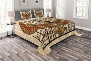 Lunarable Egyptian Print Bedspread, Oriental Historical Art Egyptian Parchment Texture Background, Decorative Quilted 3 Piece Coverlet Set with 2 Pillow Shams, King Size, Vermilion Beige