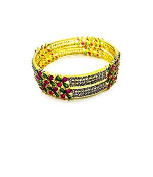 Luxx Fashion Jewelry 1K Real Gold Silver Bangles with Cubic Zirconia Indian Bollywood Kandan Bracelets (2pc) (Gold Pink Green Flower, 2.25")