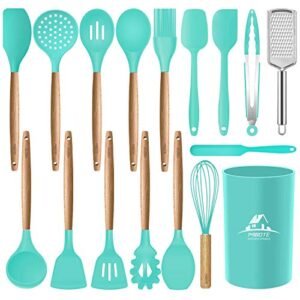 MIBOTE 17 Pcs Silicone Cooking Kitchen Utensils Set with Holder, Wooden Handles Cooking Tool BPA Free Turner Tongs Spatula Spoon Kitchen Gadgets Set for Nonstick Cookware (Teal)