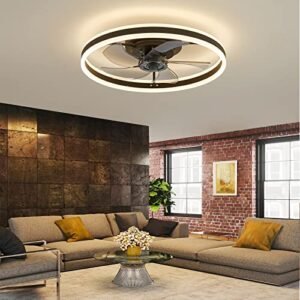 Modern Ceiling Fans whit Lights Flush Mount Low Profile Dimmable Led Bladeless black Ceiling Fan with remote 6 Speeds Easy to Install Suitable for Living Room,Bedroom,Kitchen,Dining Room lighting