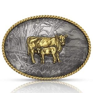 Montana Silversmiths Rope Trimmed Filigree Engraved Classic Western Buckle (Cow and Calf Pastoral Scene)