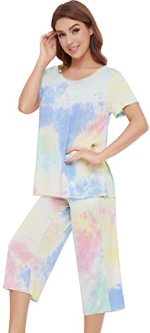 NACHILA Womens Pajama Set Short Sleeve Sleepwear Soft Capri Pants Pajamas with Pockets PG Tie-dye M