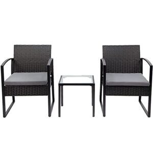 N&V Wicker Patio Furniture Bistro Sets Outdoor Conversation Chair with Glass Table and Cushions for Porch Backyard Garden (Gray)