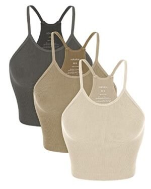 ODODOS Women's Crop 3-Pack Washed Super Soft Lightweight Rib-Knit Camisole Crop Tank Tops, Mushroom Taupe Charcoal, X-Small/Small