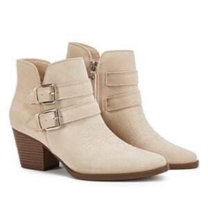 PiePieBuy Womens Side Zipper Ankle Boots Chunky Stacked Low Heel V Cut Out Pointed Toe Booties With Buckle