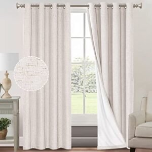 PrinceDeco Primitive Textured Linen 100% Blackout Curtains for Bedroom/Living Room Energy Saving Window Treatment Curtain Drapes, Burlap Fabric with White Thermal Insulated Liner (52 x 96 in, Ivory)