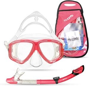 PRODIVE Premium Dry Top Snorkel Set for Adults - Tempered Glass Diving Mask, Anti-Fog Lens for Best Vision, Easy Adjustable Strap, Waterproof Snorkel Bag Included - Snorkeling Gear for Adults (Rose)