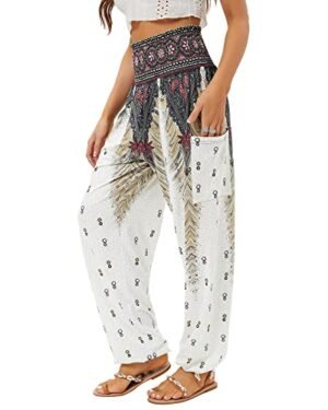 QIANXIZHAN Women's Harem Pants, High Waist Yoga Boho Trousers with Pockets White 3XL